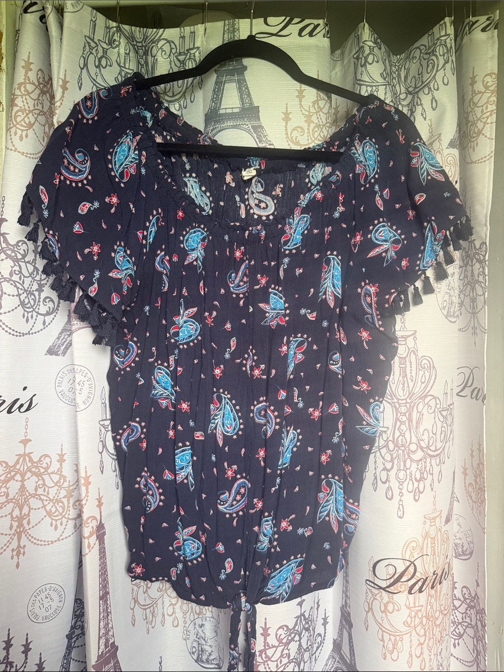 Westport Navy Paisley Off-Shoulder Tie-Hem Blouse